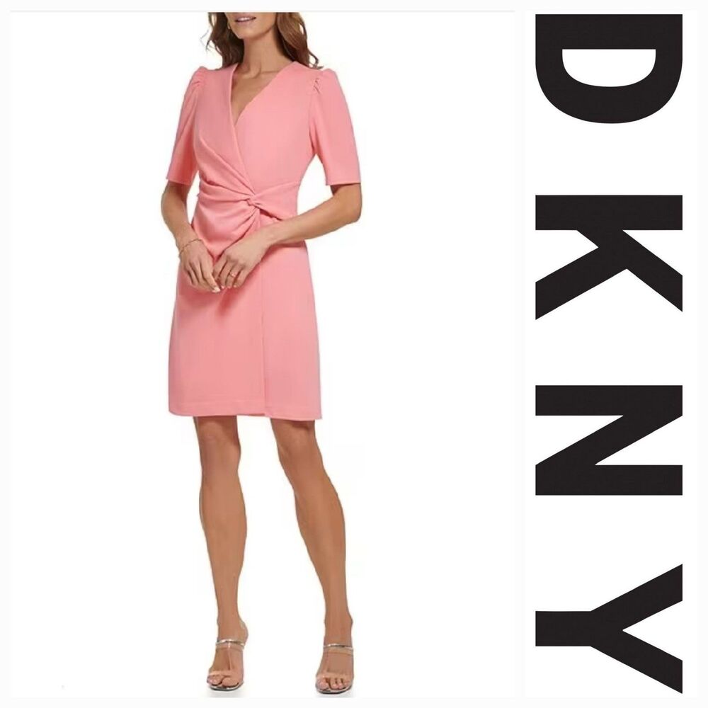 DKNY V-Neck Puffed Sleeve Twisted Waist Pencil Skirt Wrap Pink Stretch Dress 12